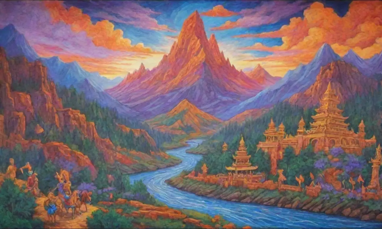 Un mural vibrante que fusiona mitología y guerra en un paisaje lleno de color y simbolismo