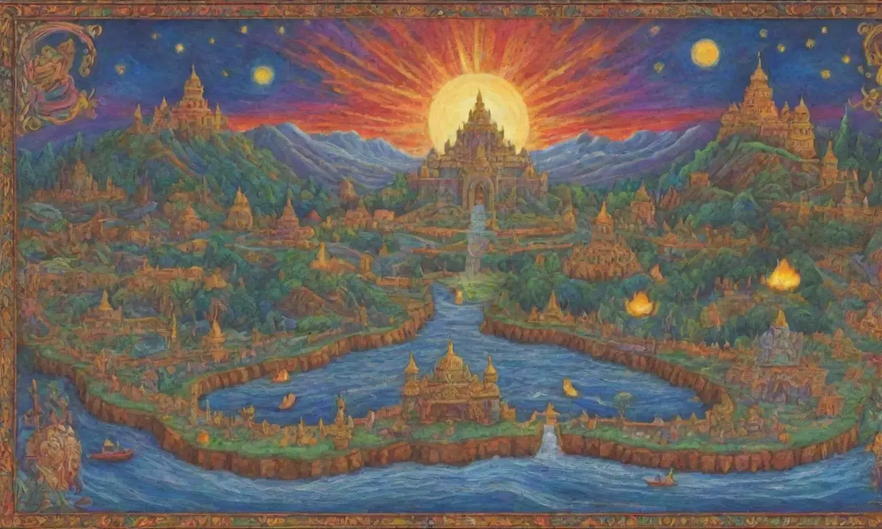Un vasto tapiz de colores vibrantes y símbolos antiguos narra épicas historias de dioses, héroes y criaturas míticas