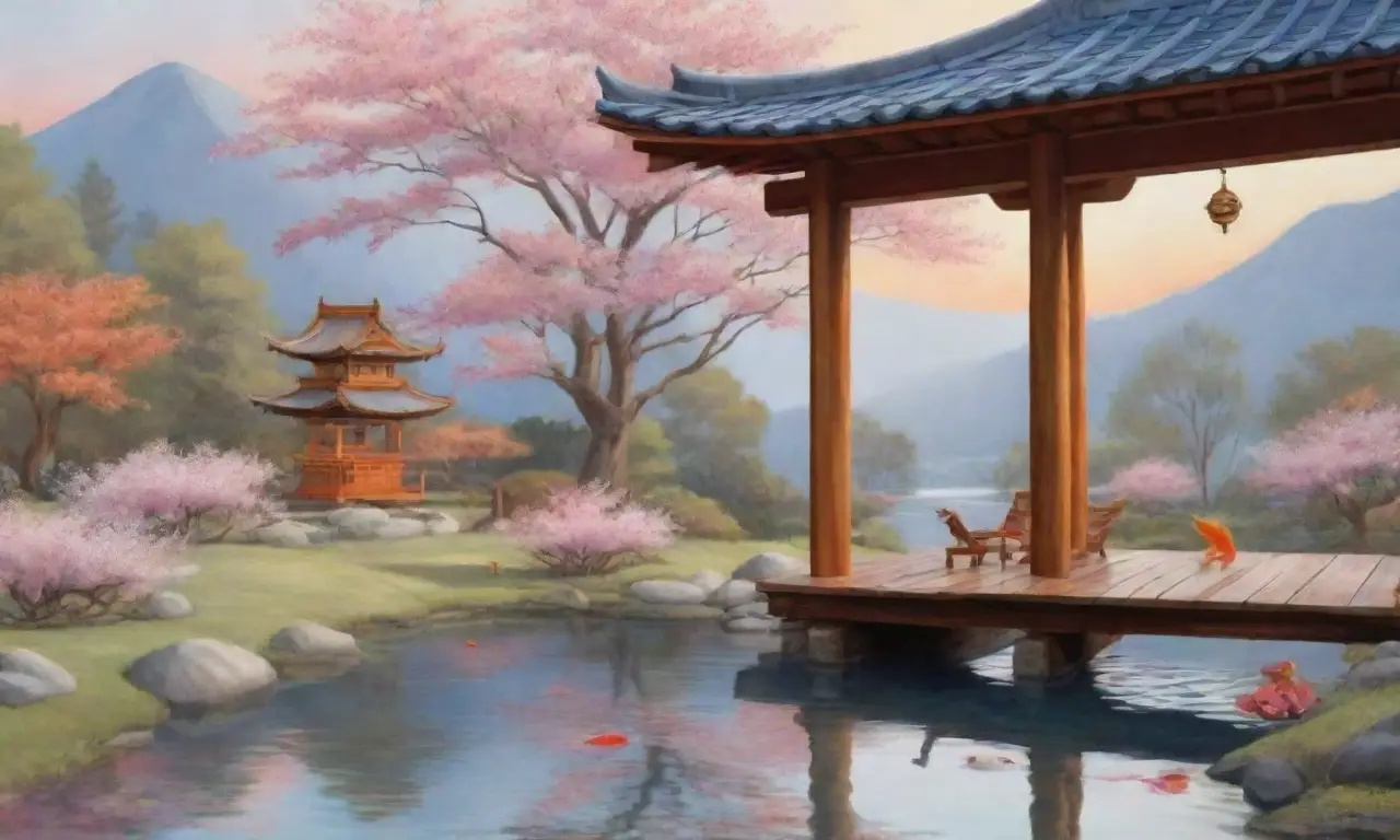 Un paisaje sereno fusiona tradición y modernidad con cerezos en flor, un estanque de koi y un samurái en armadura