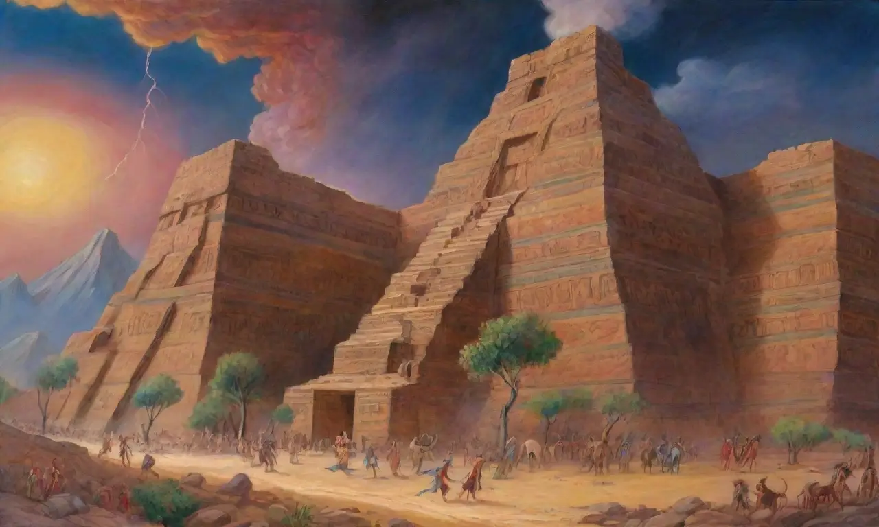 Un paisaje antiguo y vasto con ziggurats, titanes poderosos, criaturas míticas y un cielo estrellado