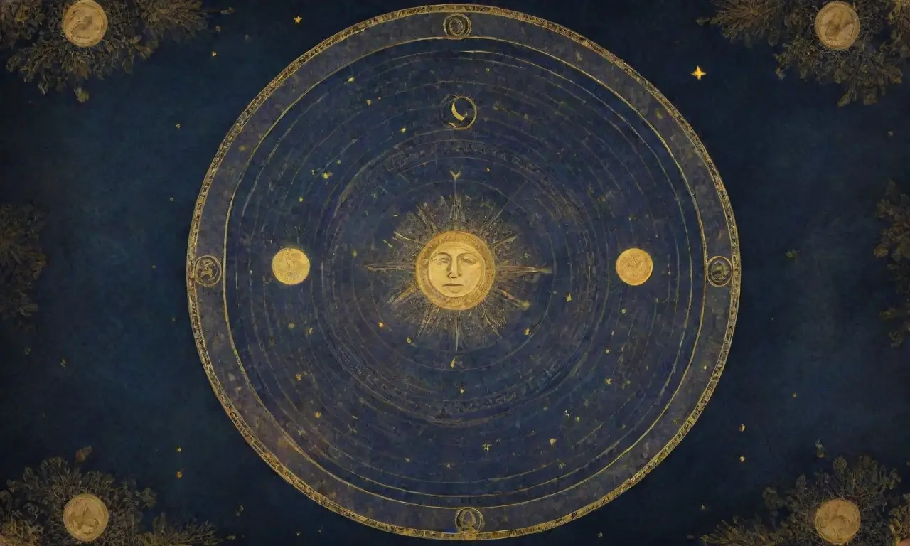 Un fondo celestial con estrellas brillantes, columnas griegas, símbolos zodiacales y criaturas míticas