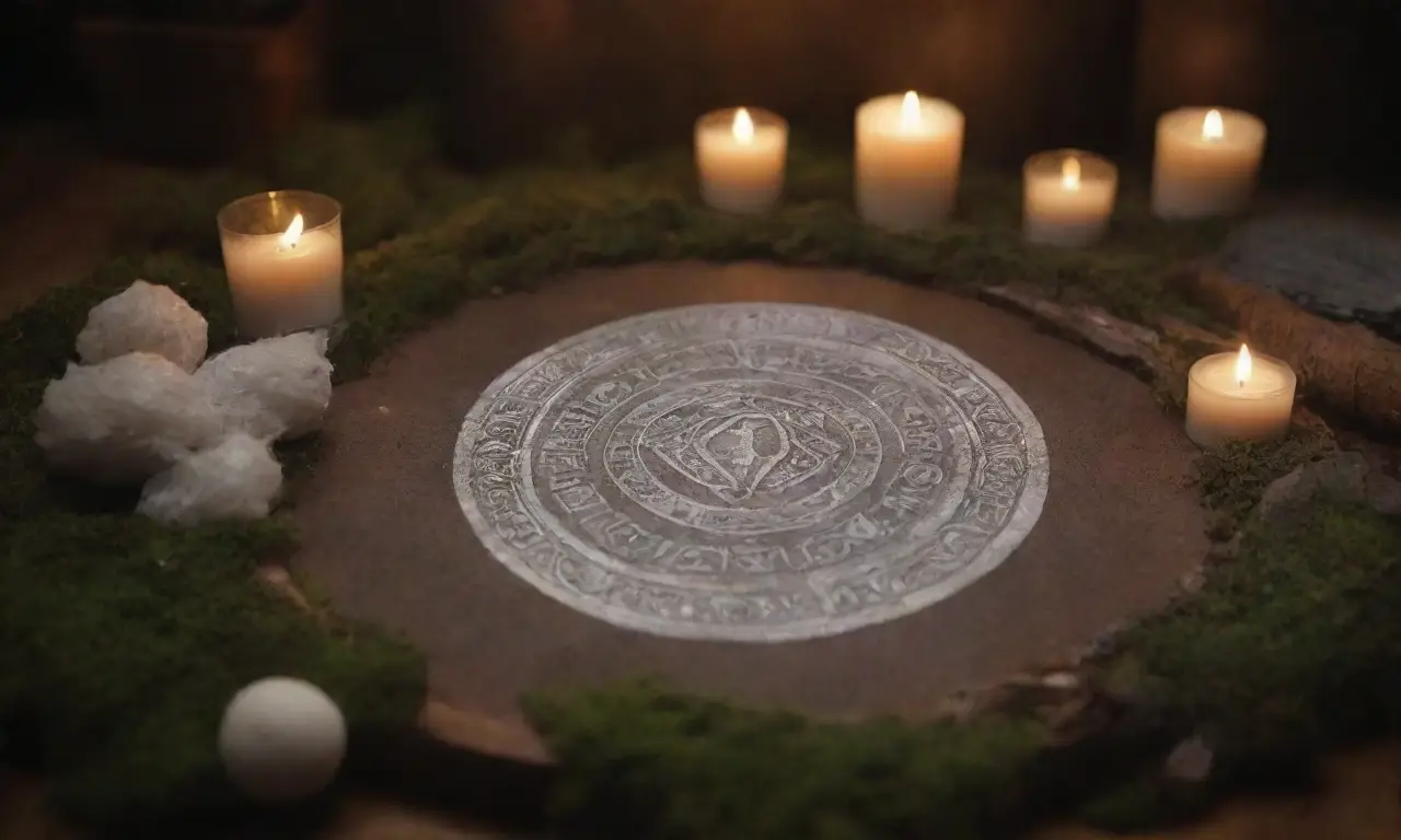 Un ambiente místico con runas antiguas, velas, hierbas, un libro de dioses nórdicos y un cuervo en silencio