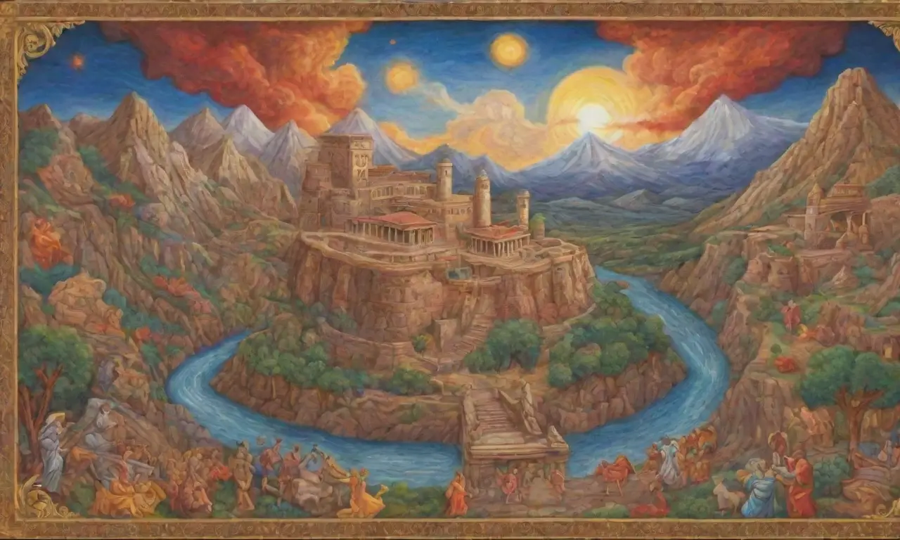 Un mural grandioso y vibrante con colores intensos, figuras heroicas y paisajes míticos