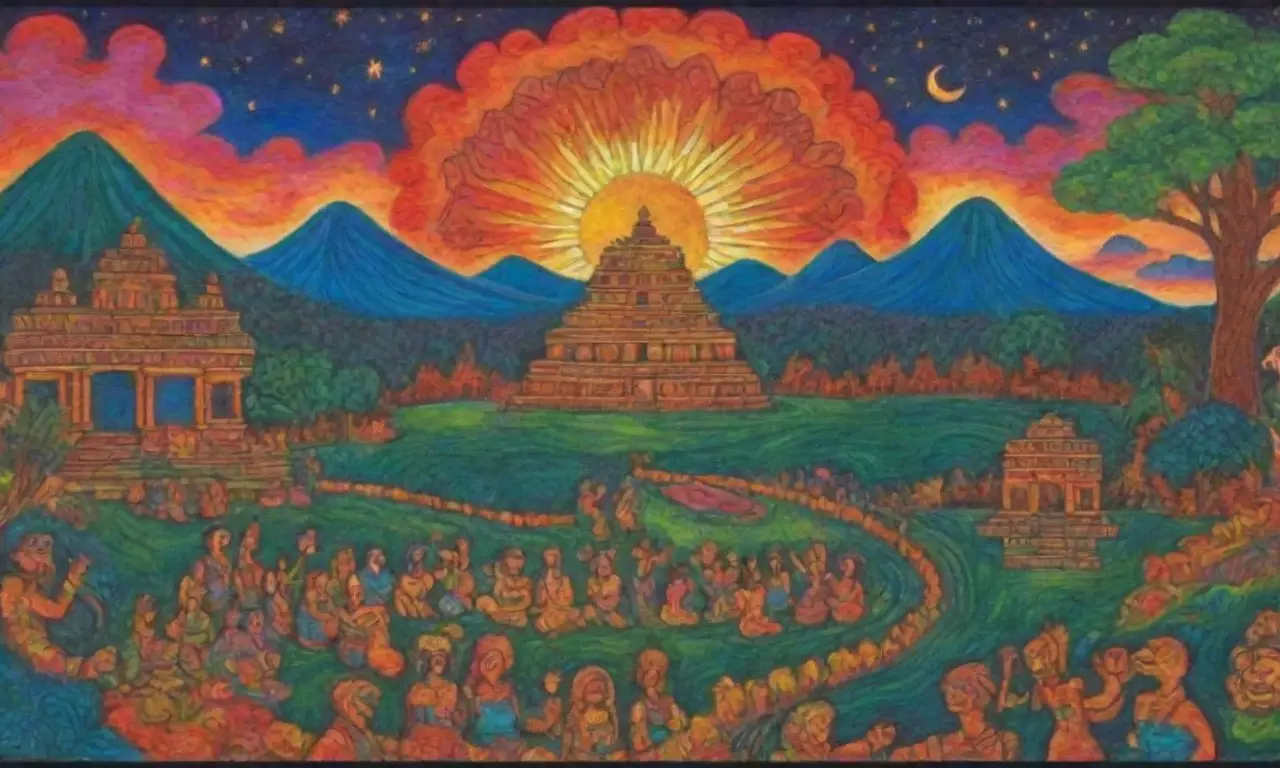 Un tapiz vibrante de la cultura maya con dioses, naturaleza y símbolos sagrados
