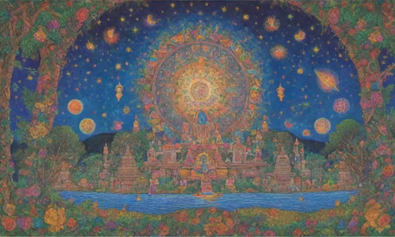 Un paisaje místico lleno de símbolos antiguos, colores vibrantes y serenidad