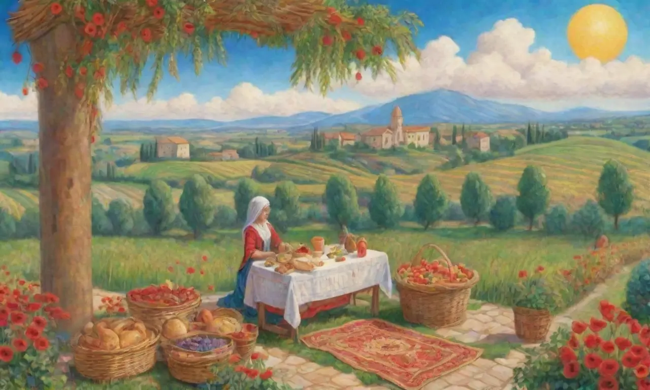 Un campo verde con trigo dorado, una estatua de Ceres, frutas, flores, y un ambiente de abundancia y celebración
