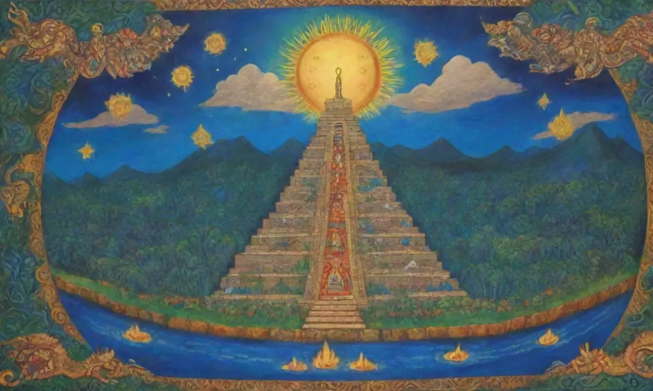 Un paisaje vibrante de azul y oro con pirámides, junglas, jaguares, dioses y arte ancestral