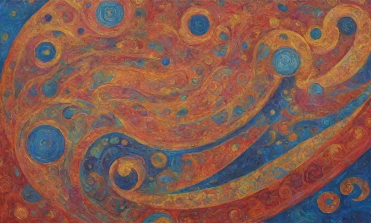 Colores vibrantes y símbolos antiguos se entrelazan en un baile artístico de formas y relatos