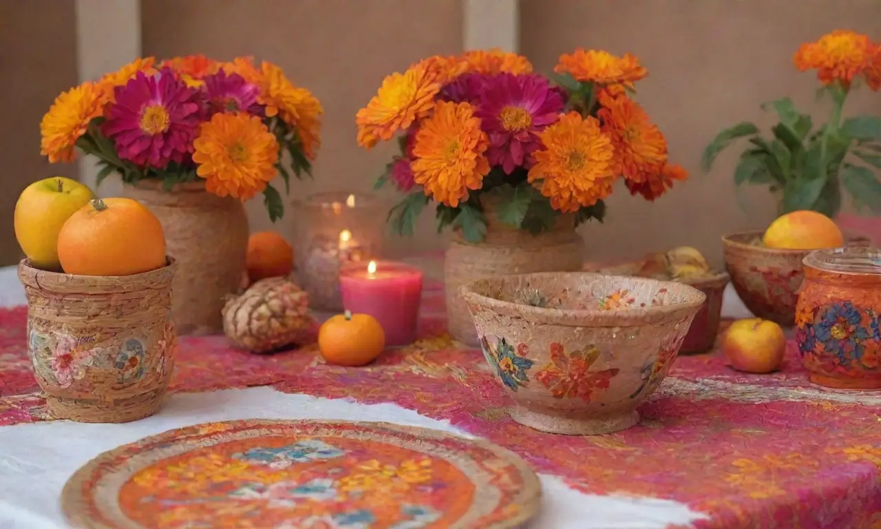 Elementos coloridos y simbólicos que celebran la vida y la muerte