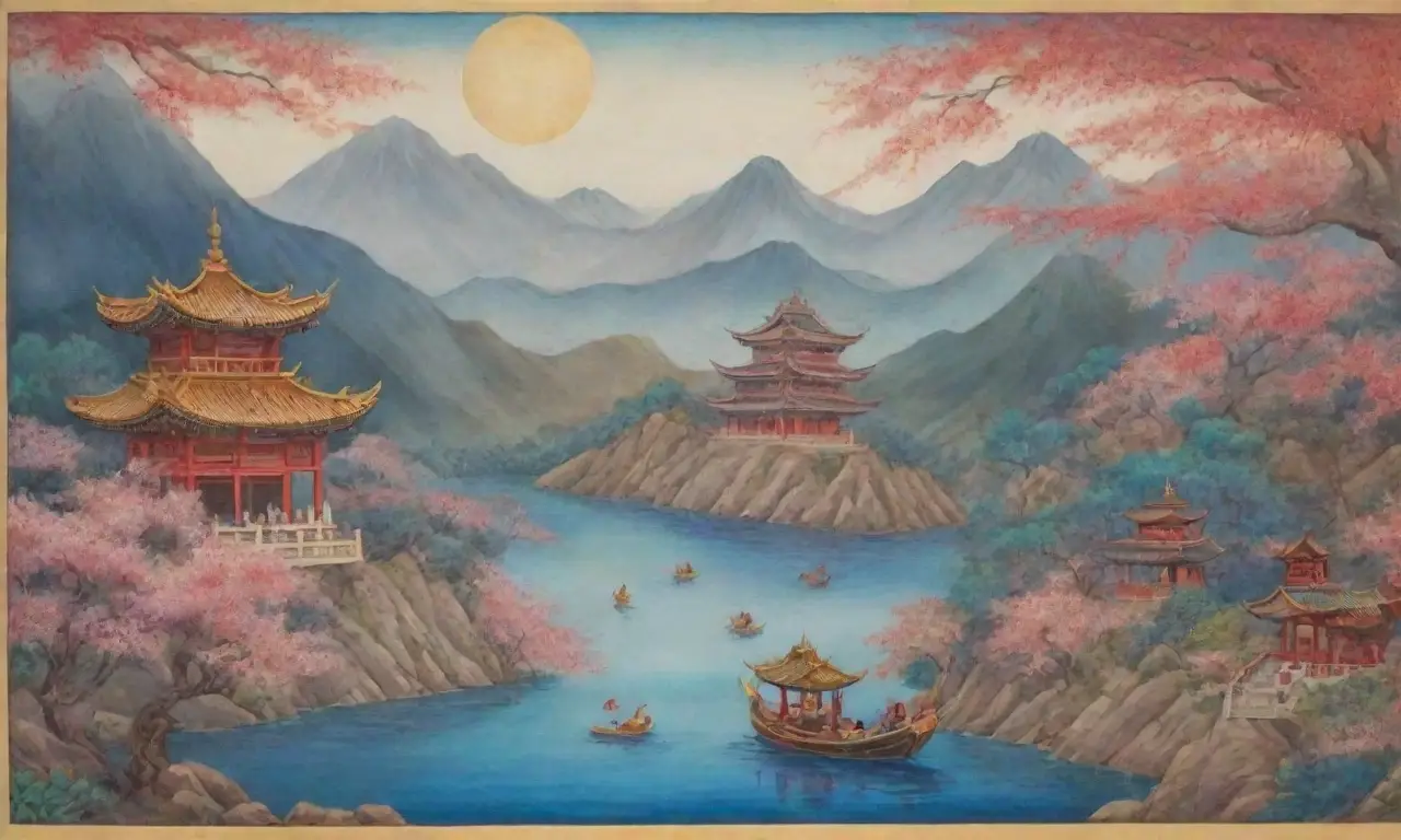 Un paisaje místico de dragones, flores de cerezo y sabios en un tapiz de historia y leyendas