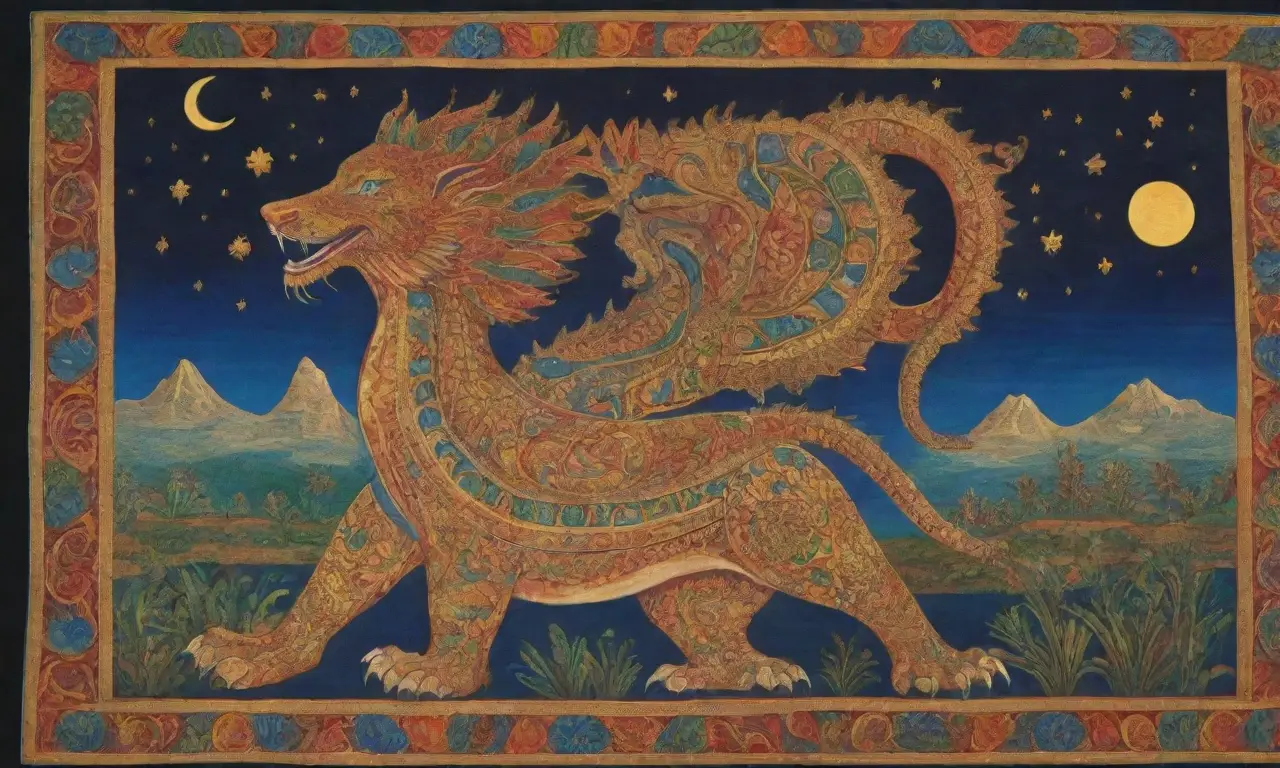 Un vibrante tapiz de mitología mesopotámica con patrones dorados y azules, figuras entrelazadas, jardines florecientes y símbolos sagrados