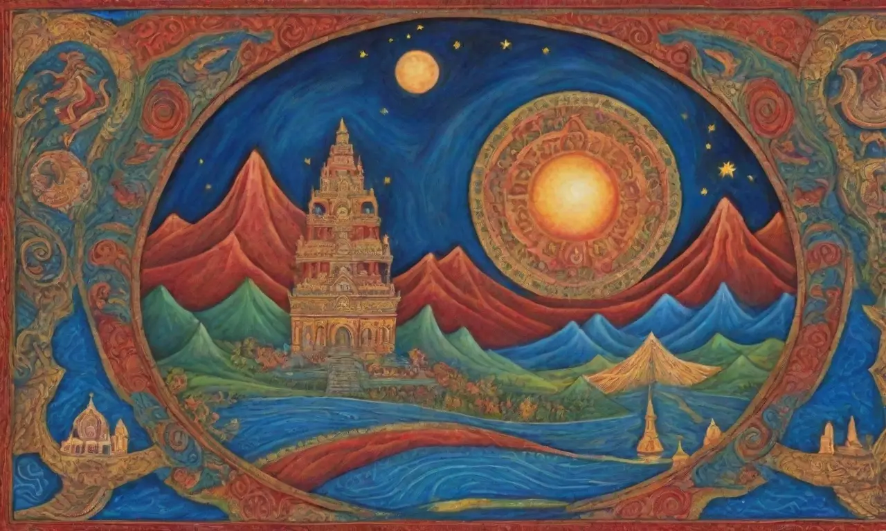 Un paisaje vibrante y místico con elementos celestiales, patrones dorados y rica cultura