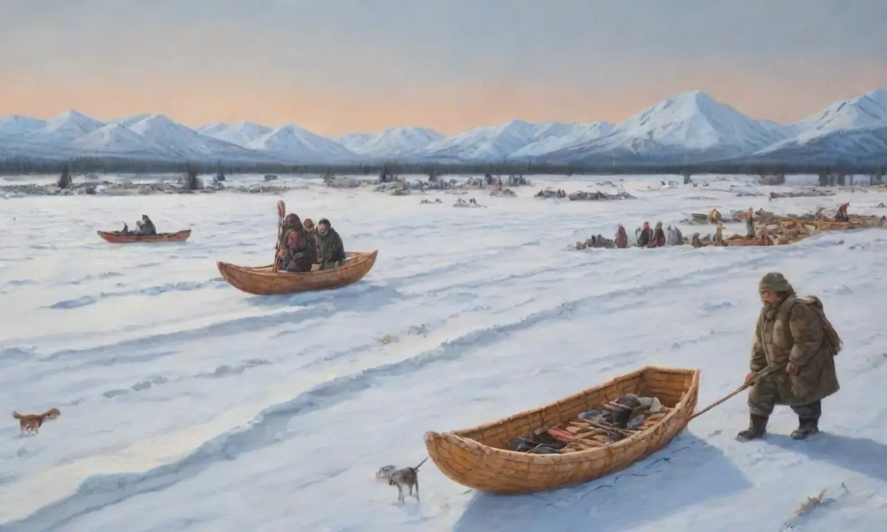 Paisaje nevado con cazadores inuit, kayaks de madera y tradiciones culturales
