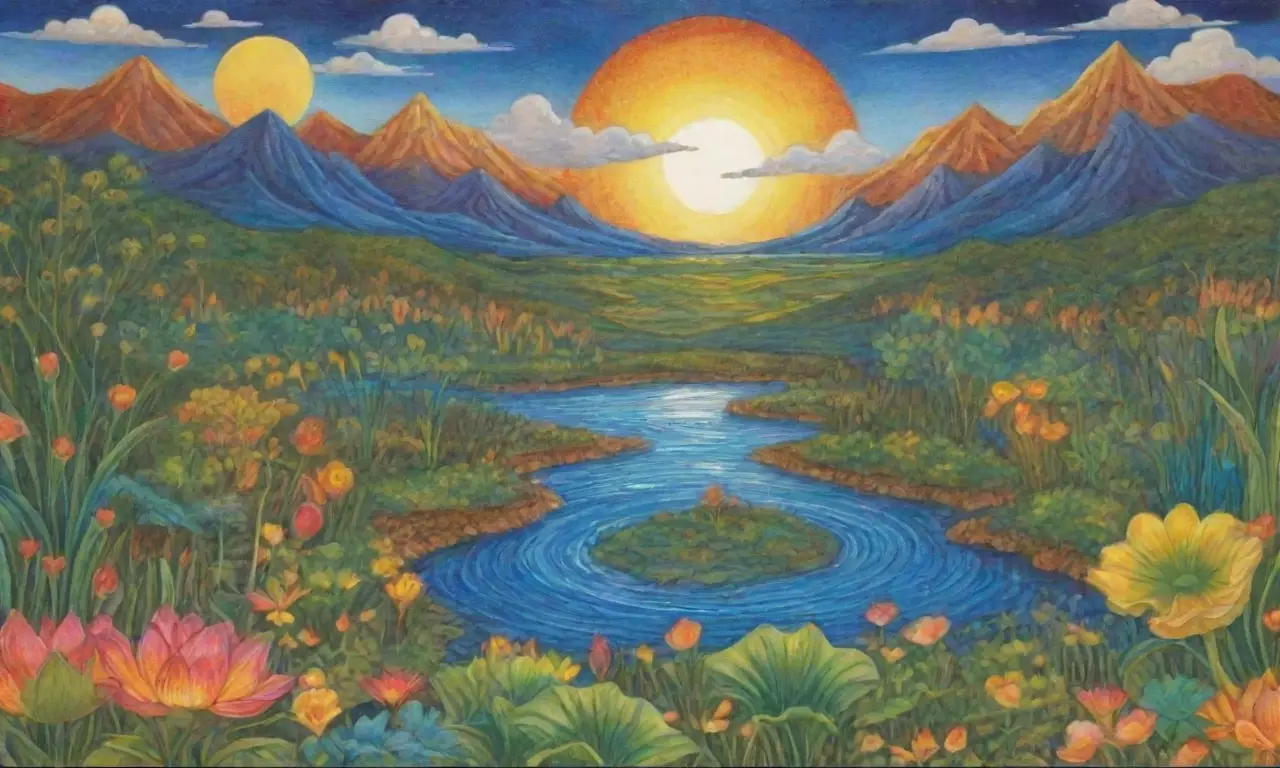 Un paisaje vibrante de colores, símbolos sumerios y abundante vida acuática que evoca tranquilidad y fertilidad