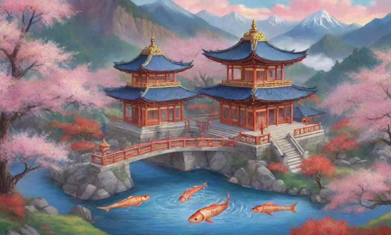 Un vibrante paisaje de mitos de Kanto con colores intensos, criaturas míticas, templos antiguos y festivales llenos de vida
