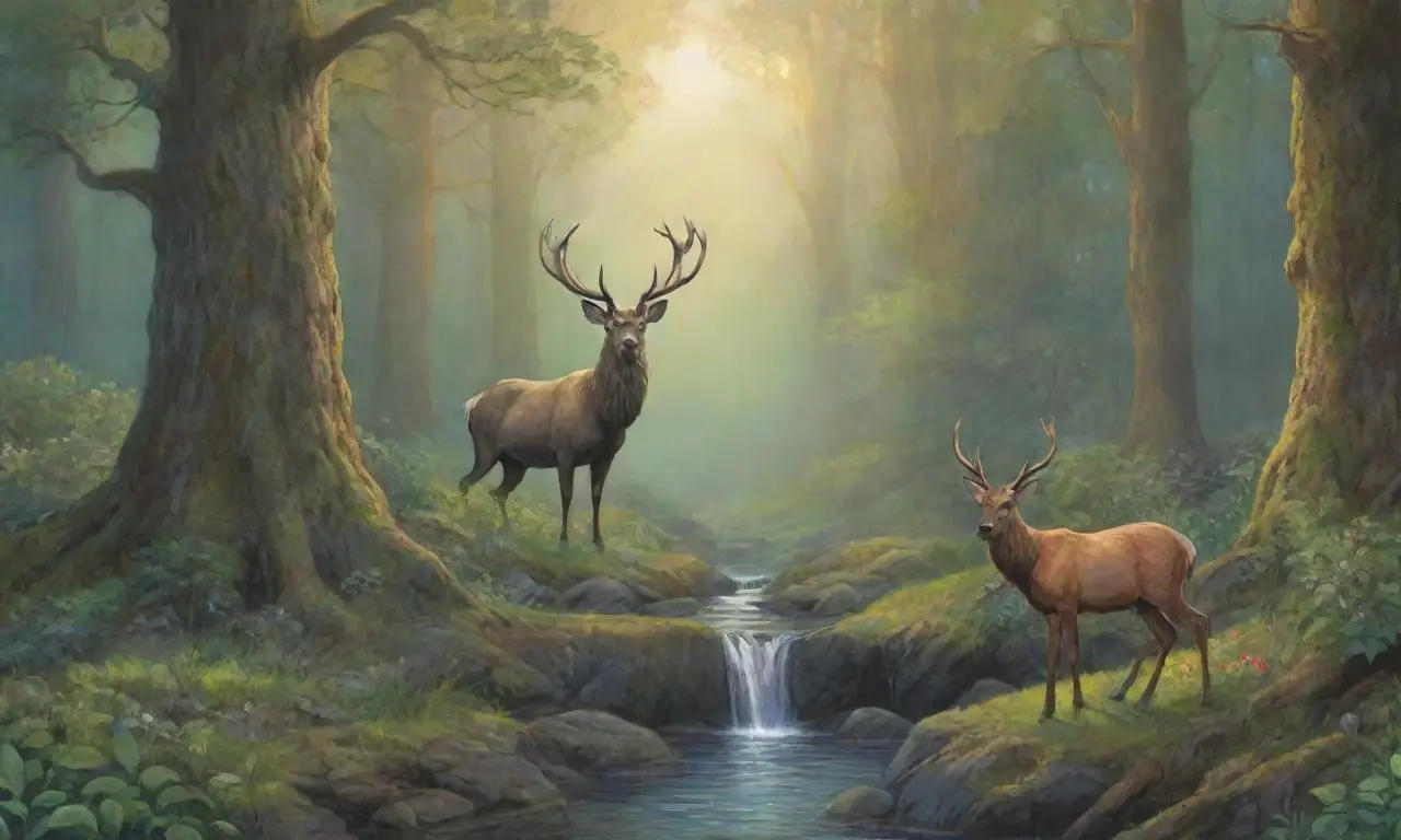 Un majestuoso bosque con un ciervo, un río, flores silvestres, un altar y la esencia de la caza en armonía con la naturaleza