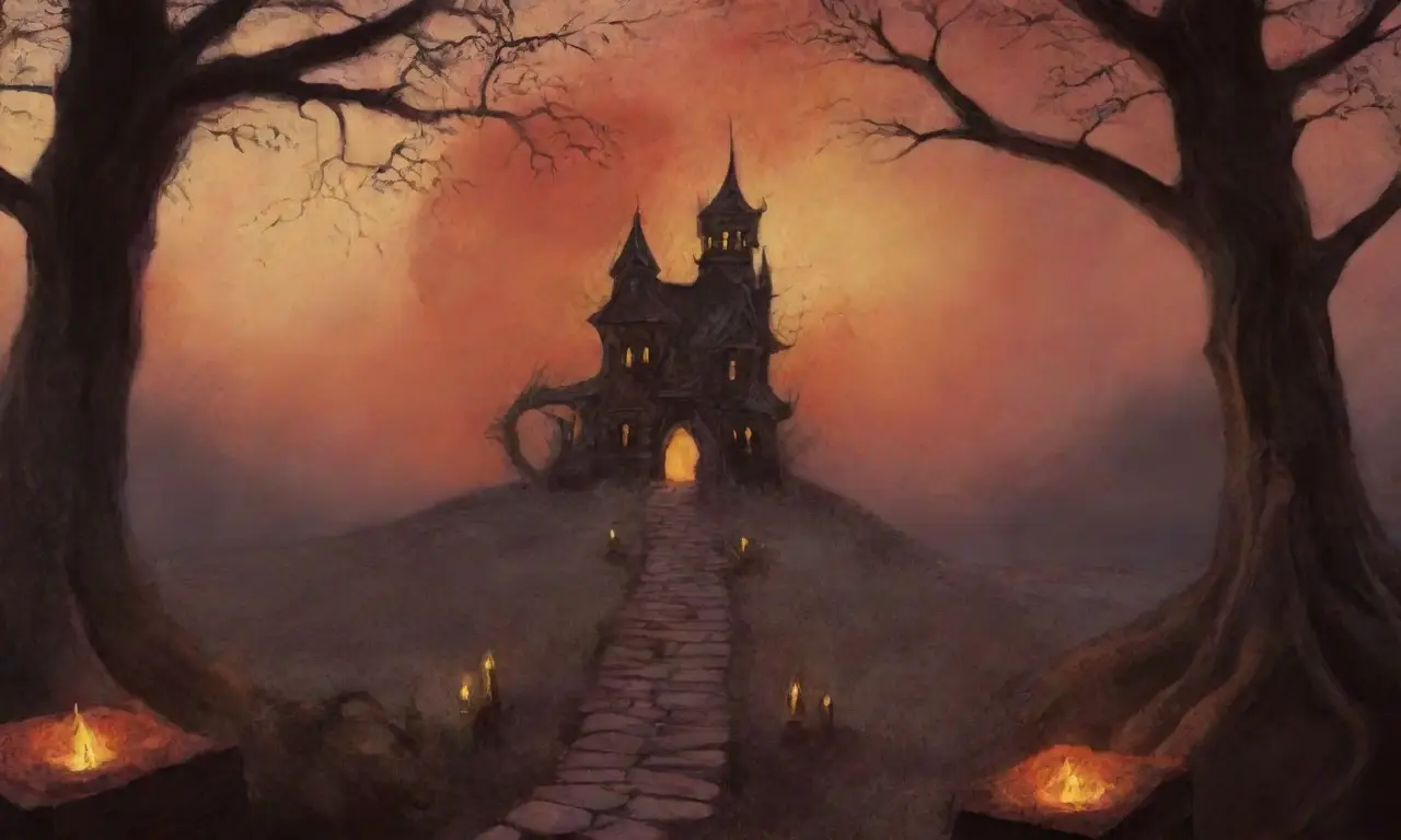 Un paisaje oscuro y misterioso lleno de sombras, runas y figuras espectrales