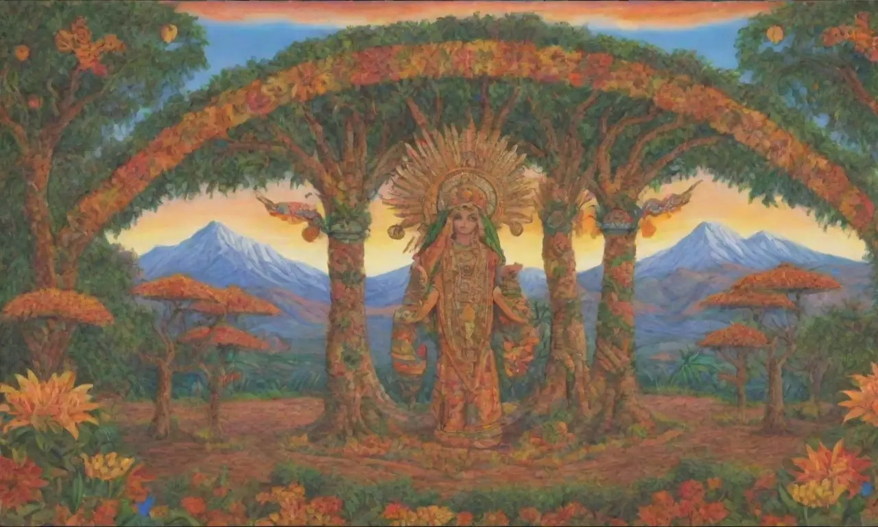 Una escena vibrante de Ometecuhtli y Omecihuatl rodeados de abundancia y armonía en un paisaje lleno de vida
