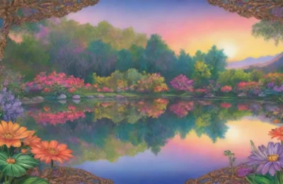 Un espejo ornamentado refleja un jardín vibrante y misterioso