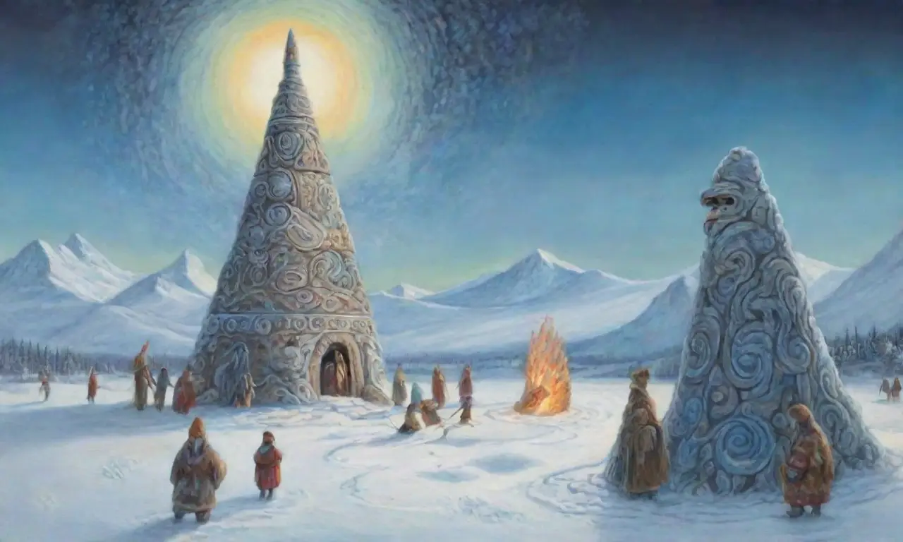 Un paisaje helado con un inuit, totem, luces del norte y ancianos compartiendo historias
