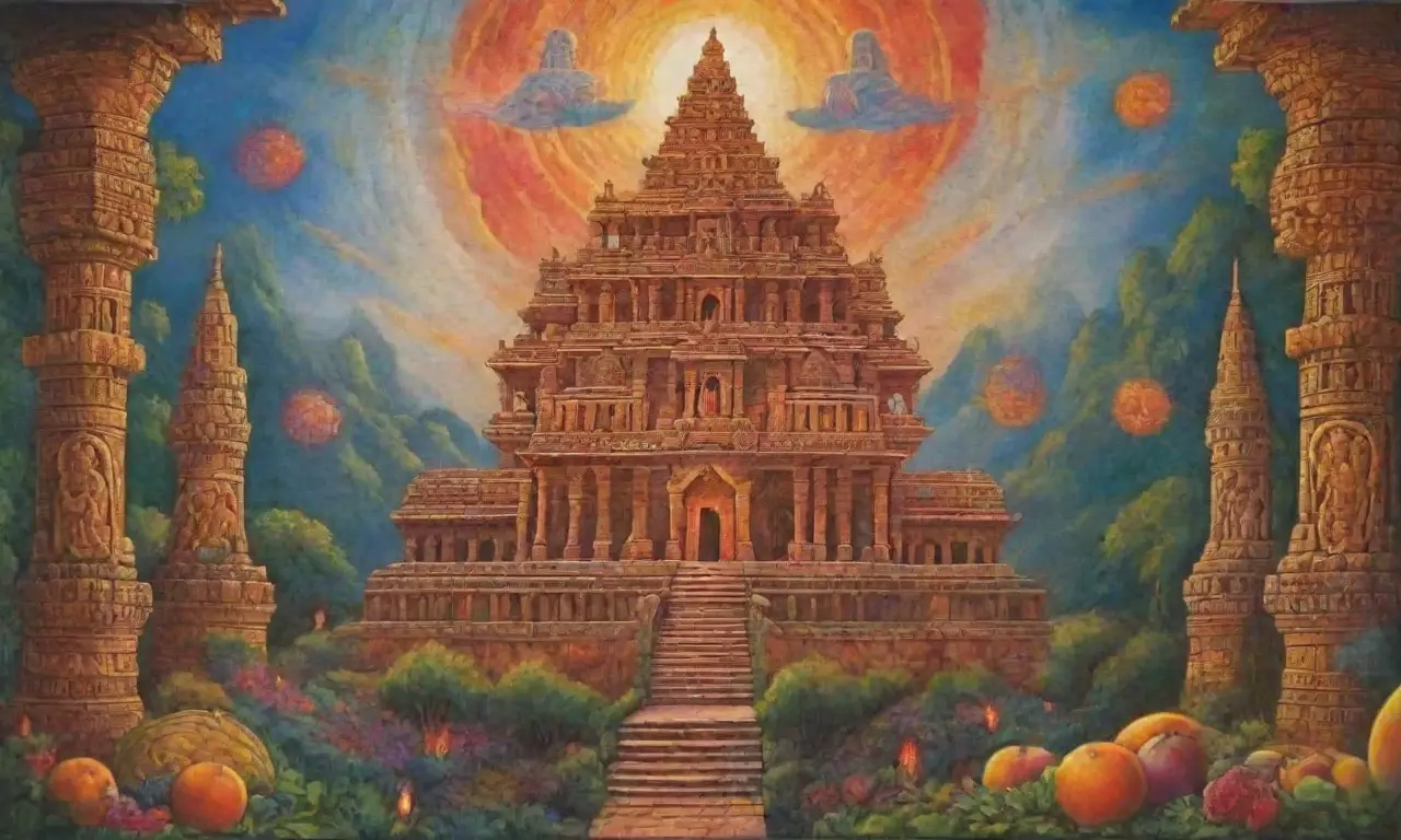 Un paisaje sagrado donde la naturaleza y la divinidad se entrelazan en colores vibrantes y símbolos antiguos