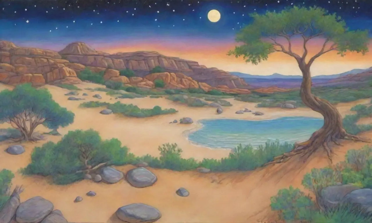 Un vasto desierto con arena dorada, un cielo azul, un oasis distante y un paisaje lleno de vida y misterio