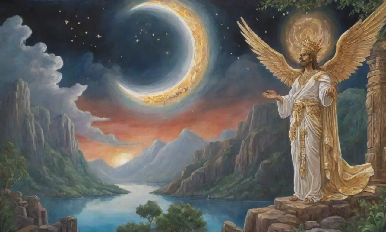Eneas, rodeado de un paisaje celestial y mitológico, irradia grandeza y reverencia