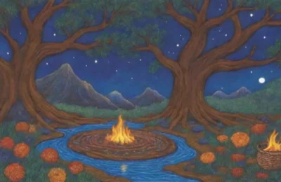 Un paisaje vibrante y místico evoca recuerdos y conexiones con el pasado