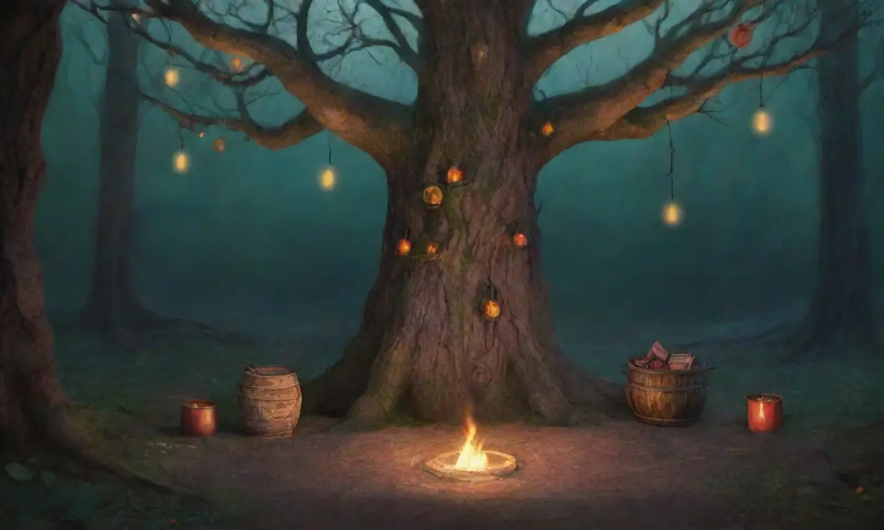 Un bosque oscuro con árboles retorcidos, luces de velas, runas en piedra, hierbas vibrantes, un caldero burbujeante, cristales brillantes, plumas delicadas, un puñal plateado, cintas de seda, un círculo de sal, orbes luminosos, un libro antiguo, flores secas, un bastón con amuletos, susurros del viento, un tapiz de criaturas míticas y un altar con ofrendas