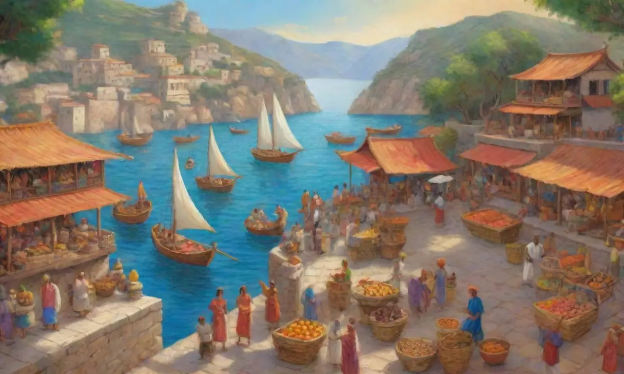 Un bullicioso mercado mediterráneo lleno de barcos, comercio, arte y vida cotidiana