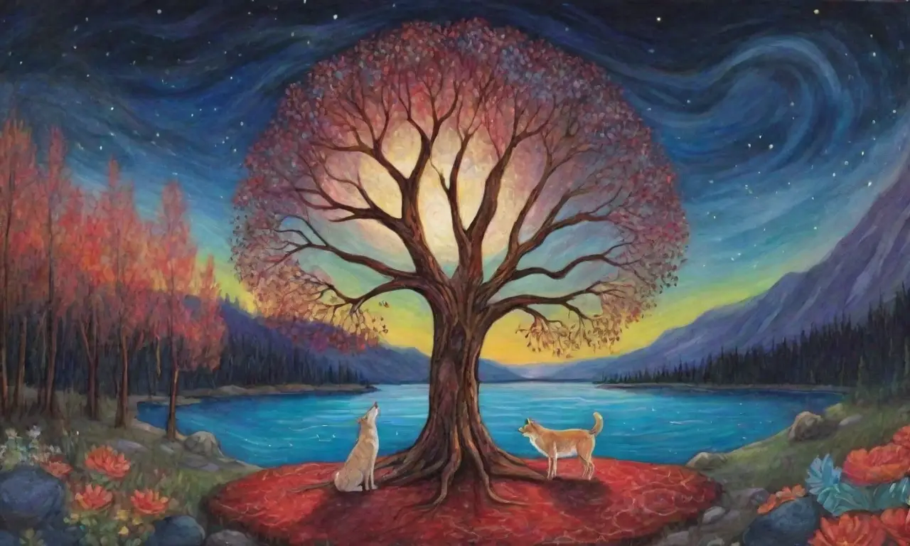 Una noche estrellada con auroras, un árbol majestuoso, un lago sereno, corazones de piedra, runas antiguas, un lobo aullando, una cabaña acogedora y una familia riendo, todo envuelto en amor y conexión