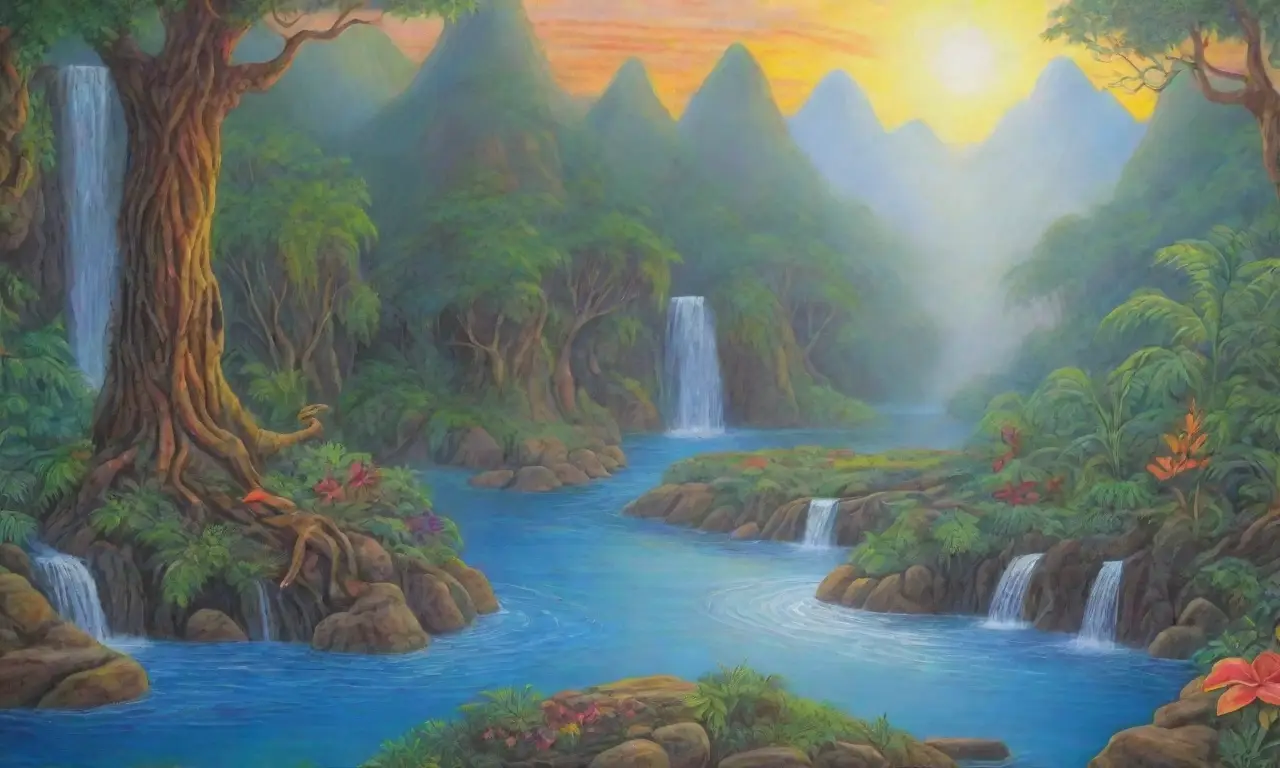 Selva vibrante con cascadas, serpientes brillantes y un ambiente misterioso