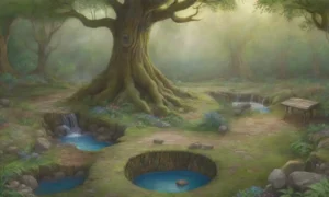 Un bosque verde y mágico con ríos