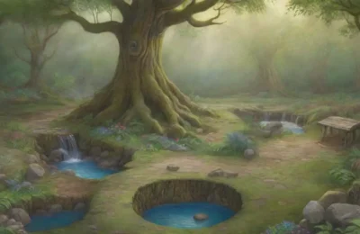 Un bosque verde y mágico con ríos