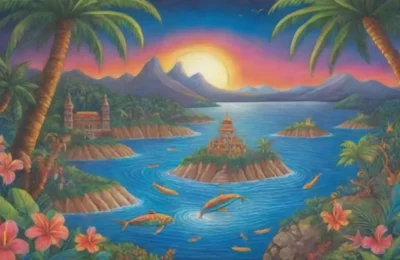 Un paisaje tropical vibrante lleno de colores