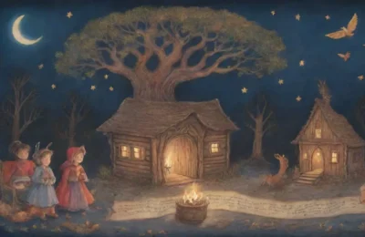 Un antiguo escenario de cuentos con luces cálidas