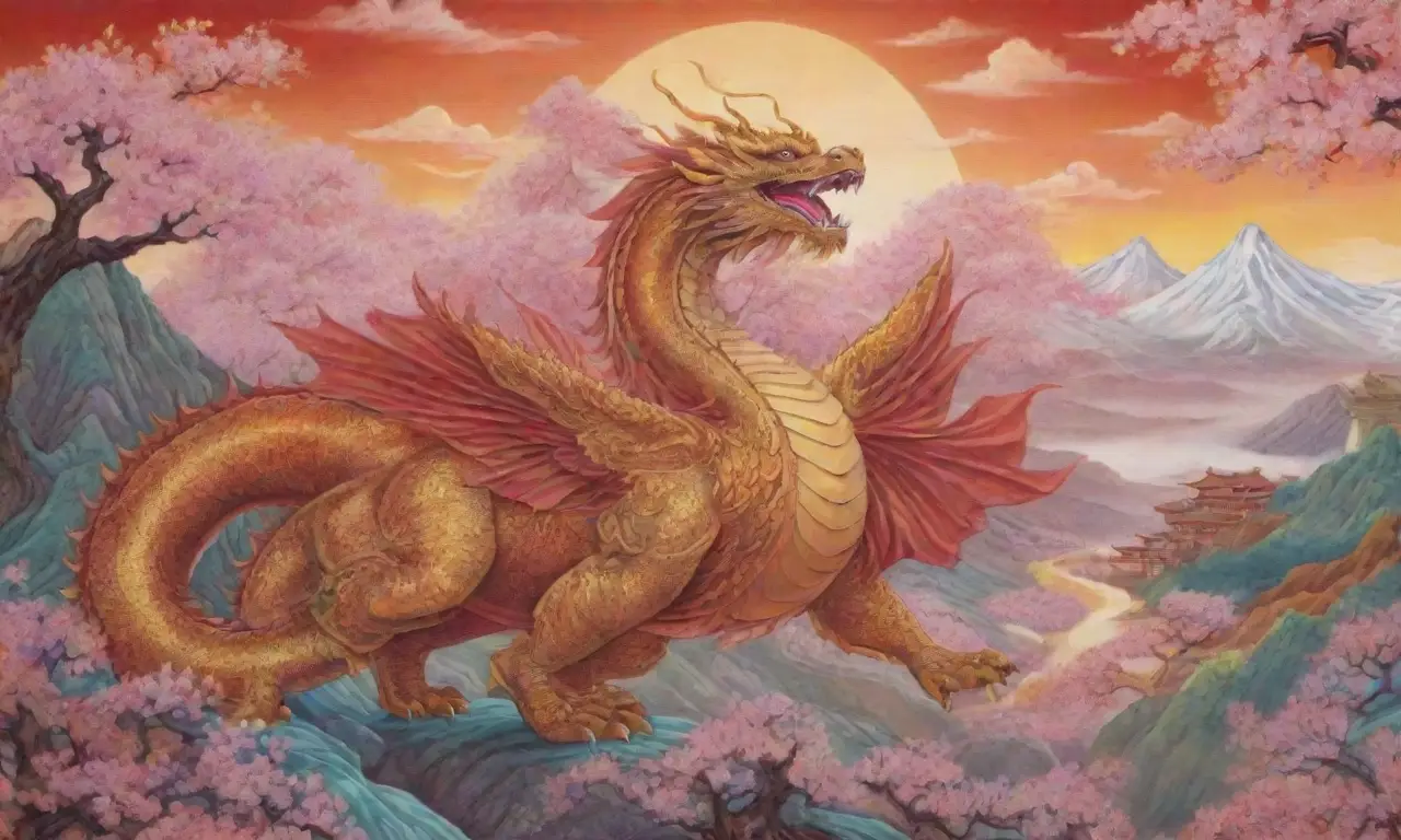 Un tapiz vibrante de dragones y fénixes, con un héroe en armadura rodeado de nubes y flores de cerezo, simbolizando la historia y la valentía
