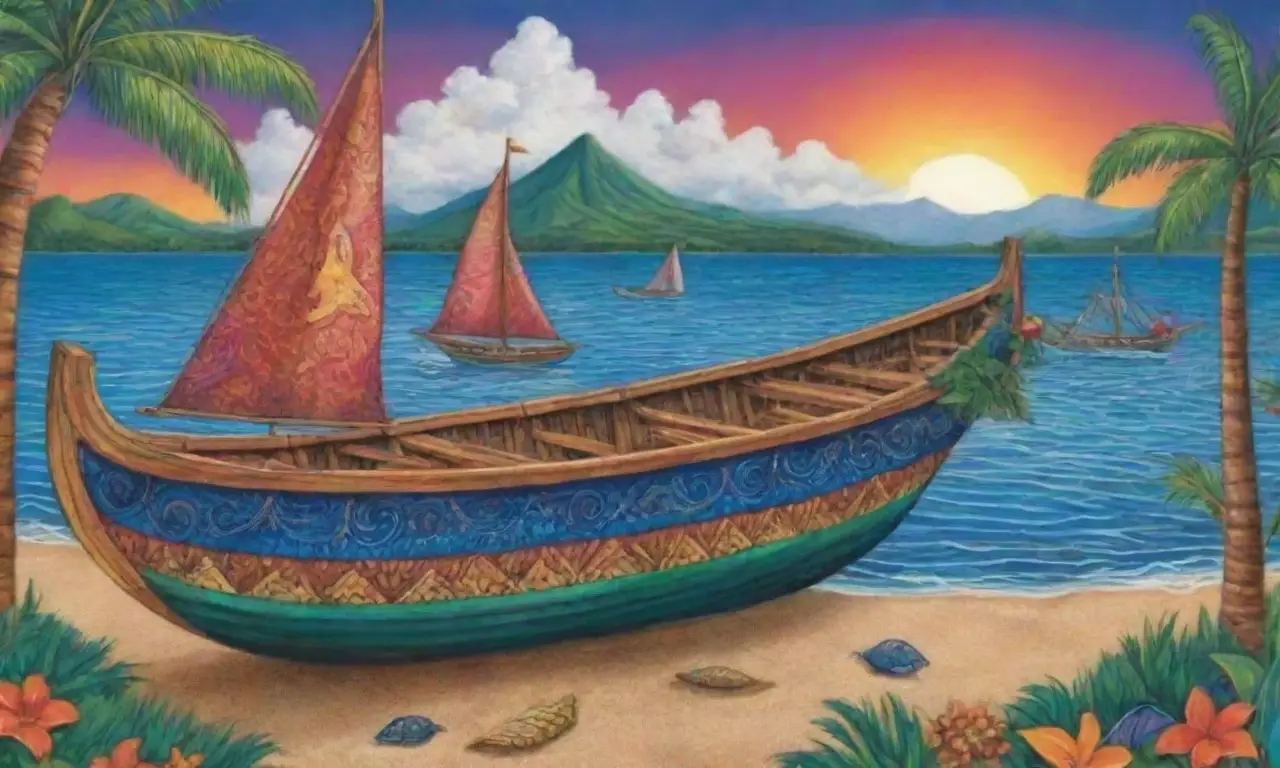 Un paisaje polinesio vibrante con olas, islas verdes, canoas antiguas y tradiciones culturales