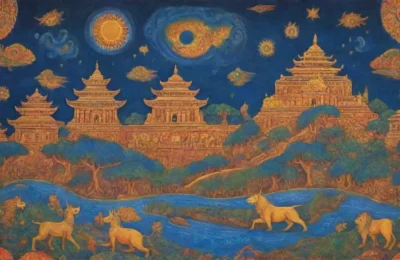 Tabletas antiguas y arte vibrante reflejan mitología y herencia cultural