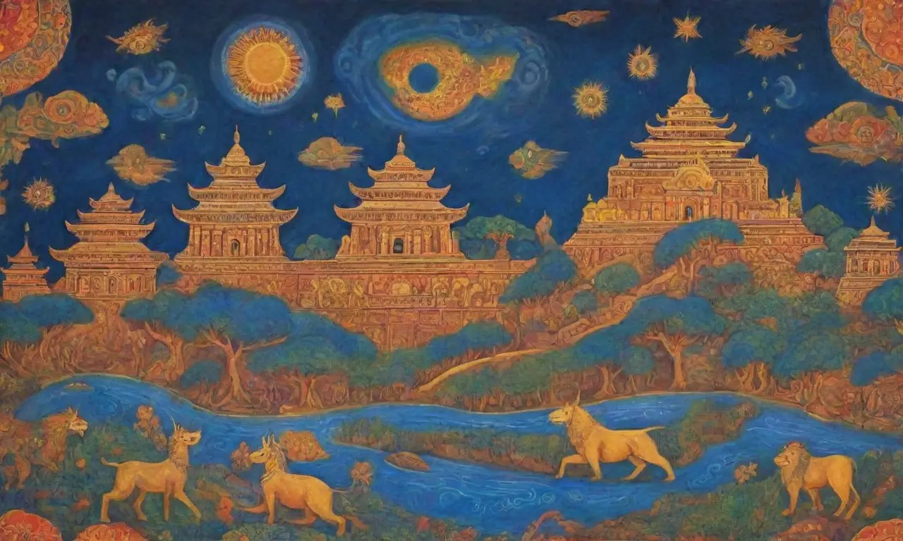 Tabletas antiguas y arte vibrante reflejan mitología y herencia cultural