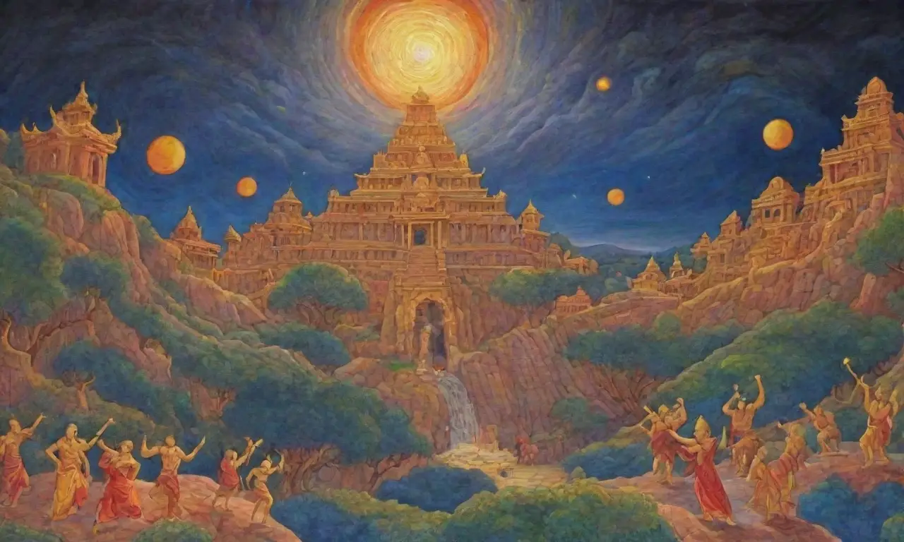 Un mural grandioso que captura la esencia de civilizaciones antiguas con colores vibrantes y mitos entrelazados