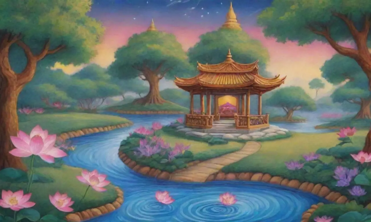 Un paisaje sereno y vibrante que simboliza la interconexión de la vida y el karma