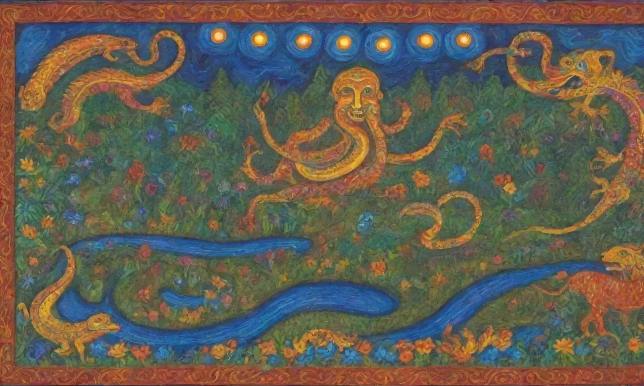 Un vibrante tapiz de colores y símbolos que celebra la vida y la divinidad