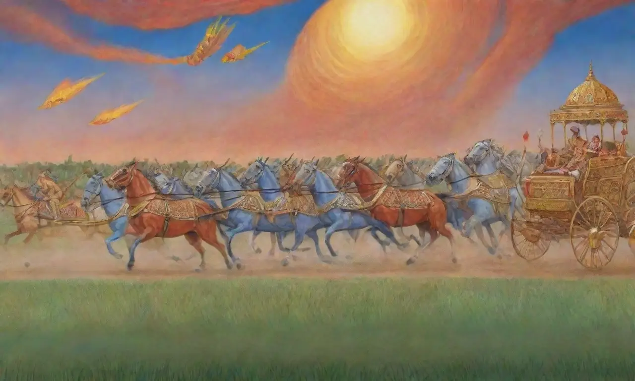 Una escena vibrante de batalla con guerreros, Krishna radiante, caos y orden, y la lucha entre el bien y el mal