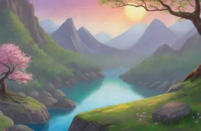 Un paisaje mágico con una serpiente verde