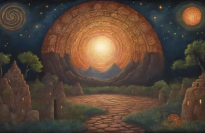 Símbolos etruscos antiguos y paisajes místicos llenos de luz y sombras