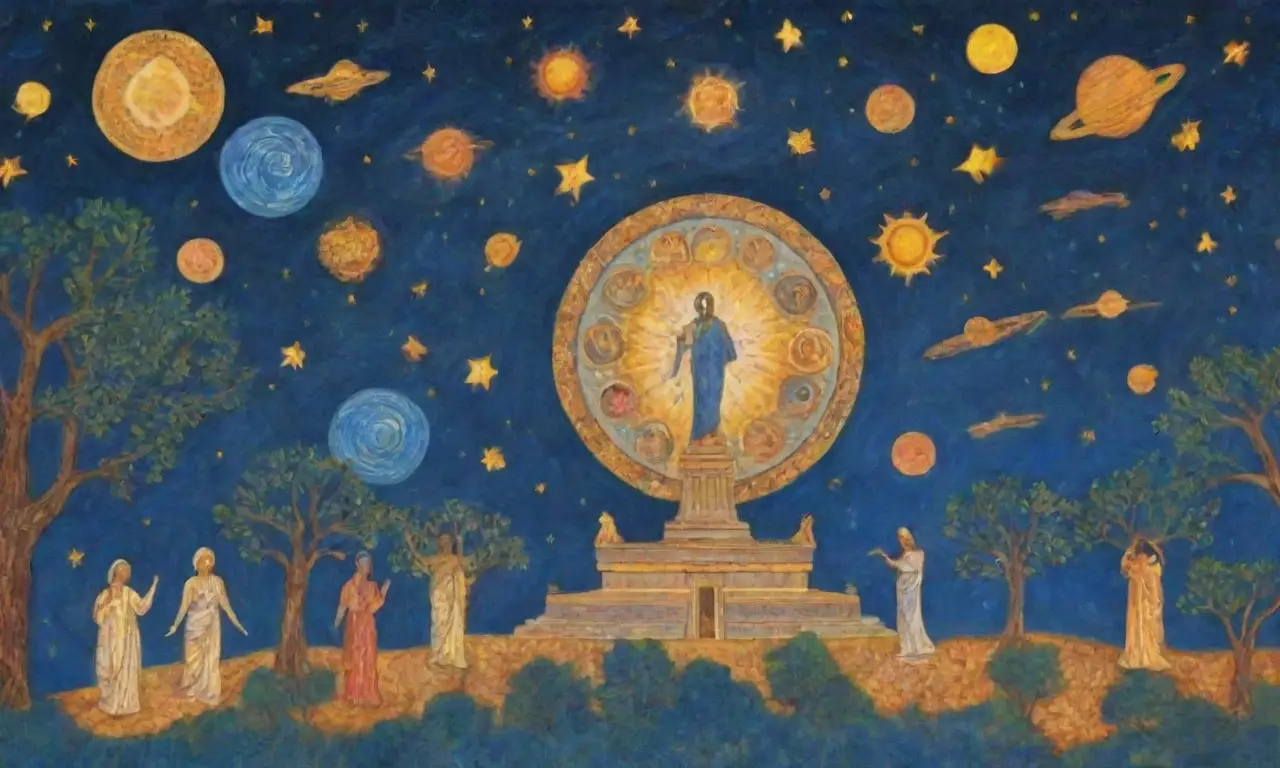 Un fondo azul celeste con galaxias, constelaciones doradas y elementos de la mitología griega