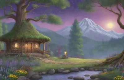 Un bosque verde y antiguo con un altar de piedra