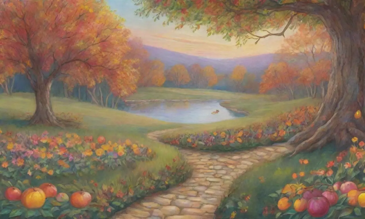 Un jardín exuberante con flores vibrantes, un estanque sereno y la figura de Perséfone entre la danza de la naturaleza