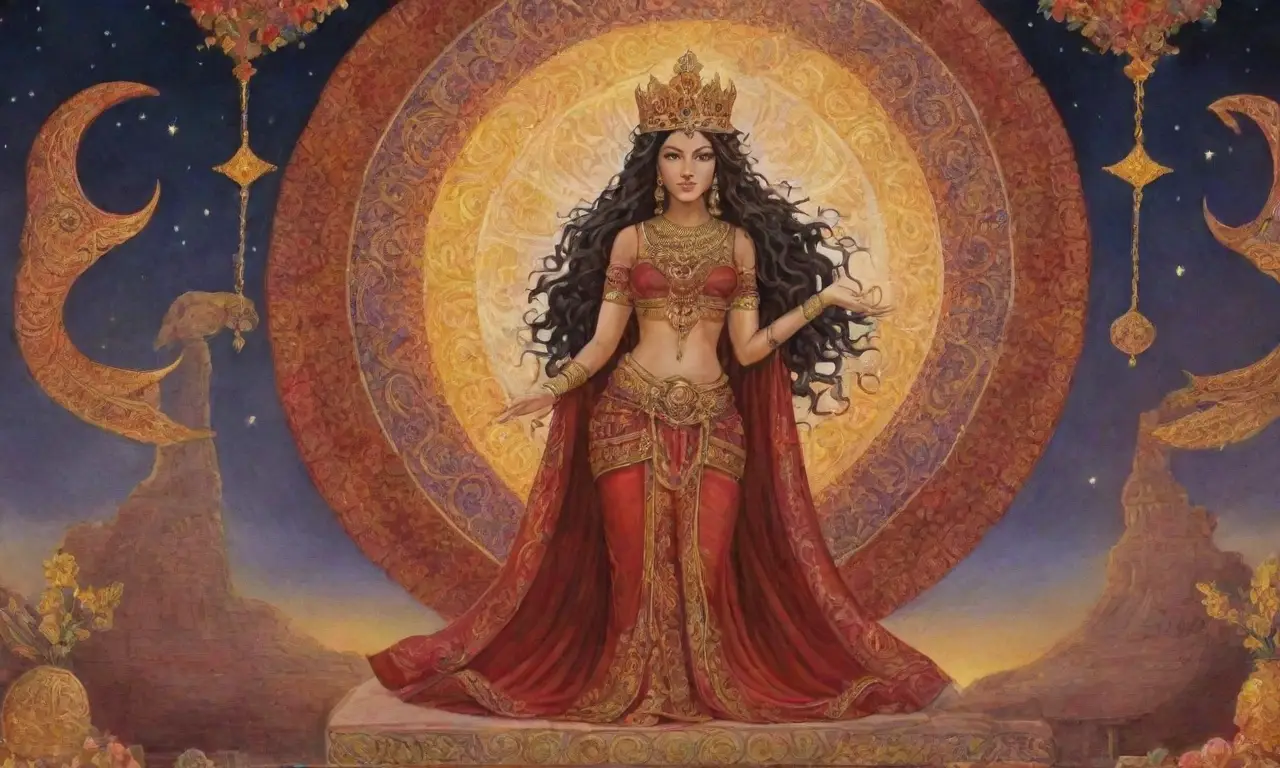 Inanna, majestuosa y adornada, se erige entre vibrantes colores y arquitectura sumeria, simbolizando amor y guerra